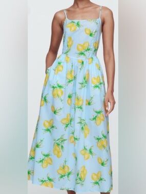 GAP Blue Linen Blend Maxi Slip Dress with Yellow Lemon Print: Size M